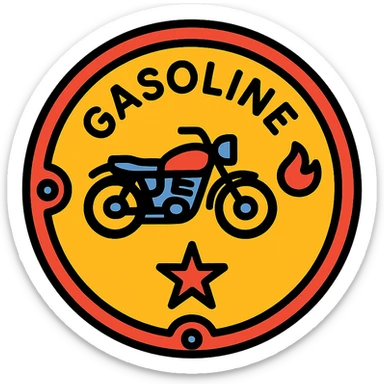 circular motorcycle gas cap design, transparent background, text 'GASOLINE', motif: motorcycle, flame, star, classic style sticker