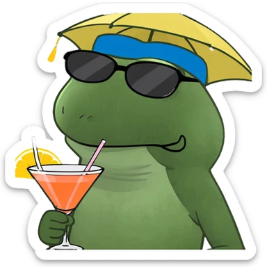 Make this frog look even more like the classic Bufo meme: green, wide-eyed, with the signature Bufo face, wearing a colorful umbrella hat, oversized sunglasses, and holding a pink cocktail with a straw, in bufo style, no background. sticker