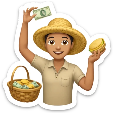 basket overflowing with money, and a very happy person ridiculously throwing money around with one hand and eating a colombian arepa with the other sticker