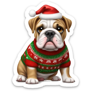 old english bulldog puppy wearing a christmas sweater  sticker