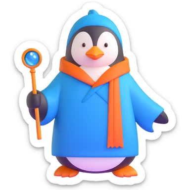 penguin wizard with a blue robe and magic wand sticker