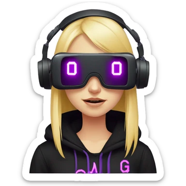 Russian cute blond student girl wearing black hoody with violet letters "OMG", in vr headset. No eyes. Cyberpunk style. Violet neon. sticker