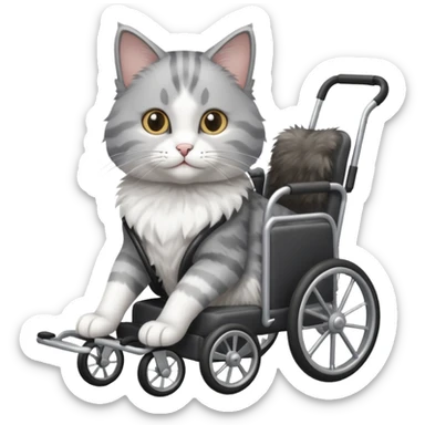 grey and white cat in a cat mobility wheelchair sticker