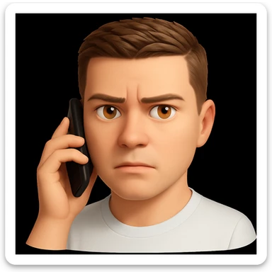 Based on these photos, make an emoji with facial features intact, man in white t-shirt, talking on phone, serious face sticker