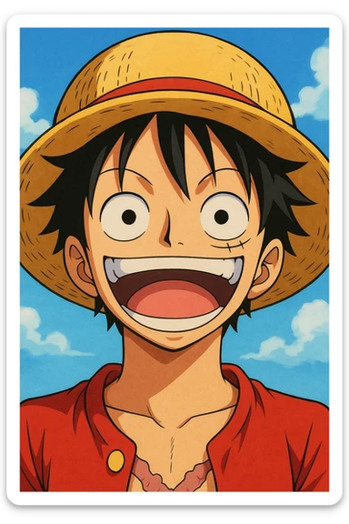Luffy from One Piece, close-up portrait, big smile, straw hat, anime style, vibrant colors sticker