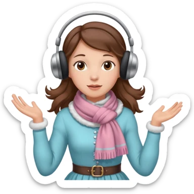 Victorian ice skater in a long dress. She is wearimg a scarf and earmuffs. She has boriwn hair. sticker