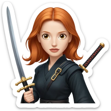 Jessica Chastain, in a ninja position with big swords sticker