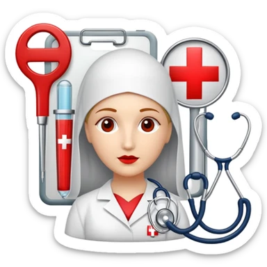 An icon featuring The Hygeia Vessel, a red cross, symbolizing medicine. The design includes medical tools and symbols, representing healthcare, diagnosis, and healing practices. Transparent background highlights the profession and study of medicine. sticker