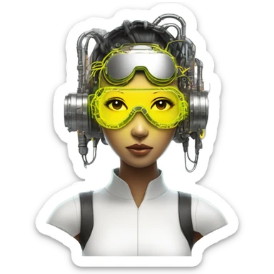 Neon yellow bobbed hair Asian female cyborg head with silver steampunk goggles and circuits sticker