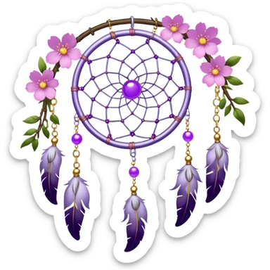 A silver-framed Dreamcatcher. with purple-round-orbs, gold-rings hanging down. purple flowers, pink sakura flowers, sticker