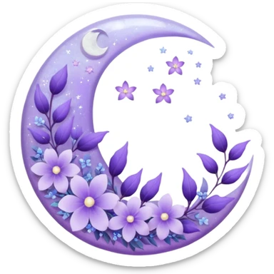 Beautiful poetic ethereal romantic magical aesthetic sparkly glittery shiny pretty floating pastel lilac lavender Violet moon and flowers and leaves aesthetic deco sticker
