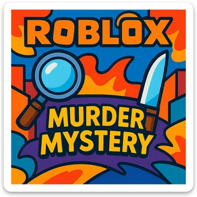 Roblox Murder Mystery logo with bold text, knife and magnifying glass, vibrant toon style sticker