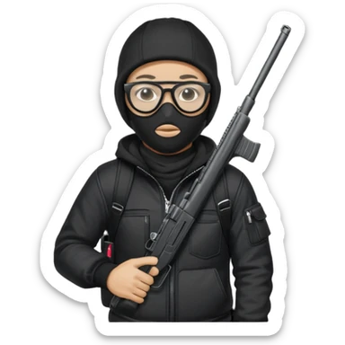 YN wearing a ski mask, holding a gun, all black fit, black jeans, Sprayground bookbag, confident stance with glasses sticker