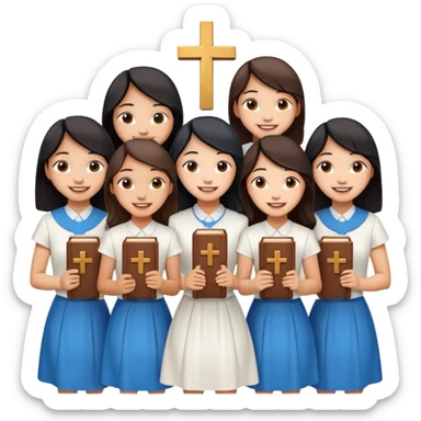 eight asian girls holding bibles and crosses and laughing  sticker