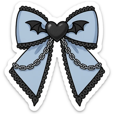 Create a pastel blue gothic bow with black lace trim, heart charm, bat wings, and silver chains. The image should have no background and be in a general style. sticker