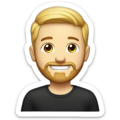 White guy, short bearded, very short hair, blonde with a black t-shirt smiling sticker
