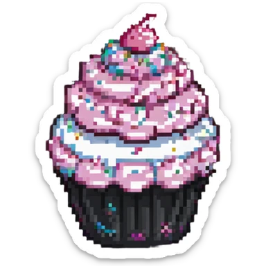 pixel art cupcake with pink frosting and sprinkles sticker