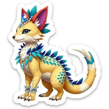 Kawaii cute colorful warm-colored exotic tropical beautiful pretty elegant divine edgy feline-vernid-sergal-Fakémon-Pokémon-fursona-animal-creature with accessories, jewelries, full body, with intricate detailed markings, feathers, crystals, fins, scales, headdress sticker
