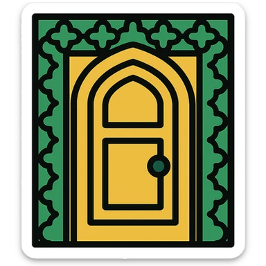 icon symbolizing Saudi culture with a geometric door and arabesque border, color outline style sticker