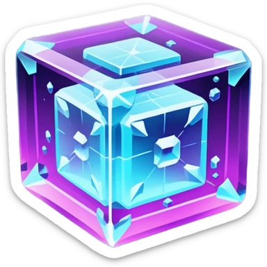 Futuristic glowing ice crystal cube, icy neon cyan highlights, purple neon accents, dark background, digital tech style. sticker