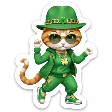 female cat wearing hip-hop Run DMC outfit with green tracksuit, fedora with shamrock, dark sunglasses, gold chains, bling accessories, St. Patrick's Day theme, break dancing sticker