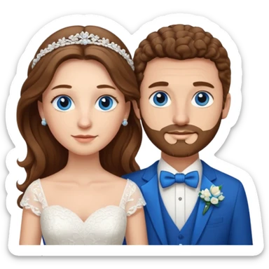 wedding couple, woman has long straight brown hair and blue eyes, man has short light brown curly hair and facial hair with blue eyes sticker