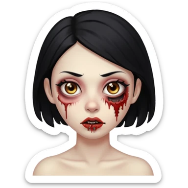 Make an emoji of a zombie woman with black hair, almond-shaped brown eyes and a labret piercing on her left lip. sticker