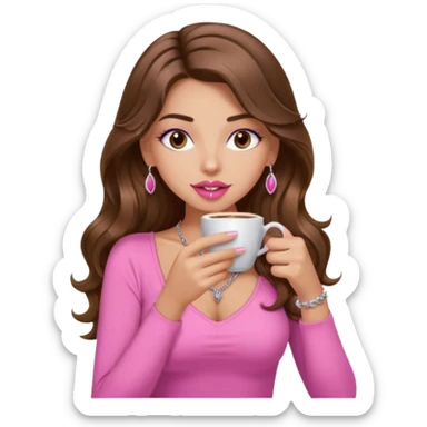 girl with long wavy brown hair, brown eyes, light to medium complexion, in a pink sexy top, pink lips, long lashes sipping coffee sticker