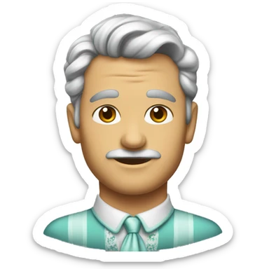 A man wearing a feminine 1950s dress, very male face, long 1950s hair sticker