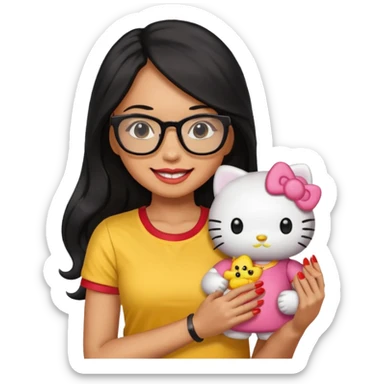 Nails cute with hello kitty wear glasses black long  hair, woman wear yellow shirt , red nails , big hello kitty doll sticker
