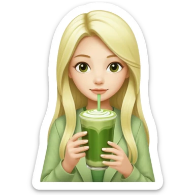 blonde luxury long hair girl with 1 drink of matcha latte and a lot of straws sticker