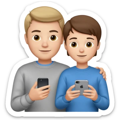 male memoji, young man in sweater, holding phone with ‘mom’ on screen, innocent smile, simple casual look sticker