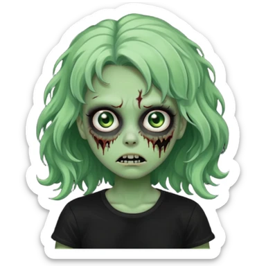 crie um emoji de uma garota zoombie verde assustadora e fofa com cabelo ondulado 2b e camiseta básica preta sticker