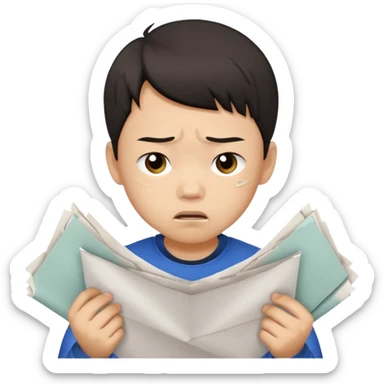Envy - feeling of discontent at another\'s advantages or possessions - young chinese boy tearing up papers sticker