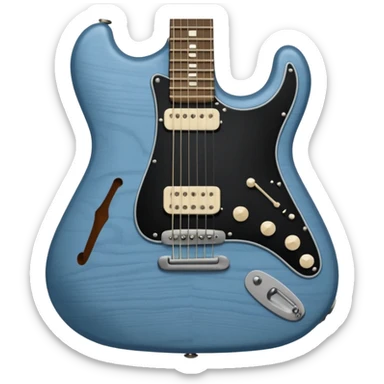 A gray-blue electric guitar with a black pick guard and only one volume knob  sticker