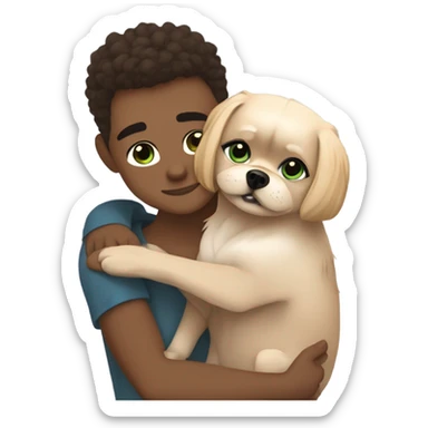 lightskin blonde girl with green eyes and lightskin boyfriend with blue eyes brown hair and their dog brown black white pekingese are hugging (light aesthetic colors) sticker