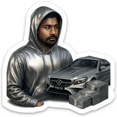 Make only the Indian man's hoodie chrome, keeping his skin and face natural. Add a goatee to the man. Include money on the side and a chrome AMG car in the scene. Keep the background transparent. sticker