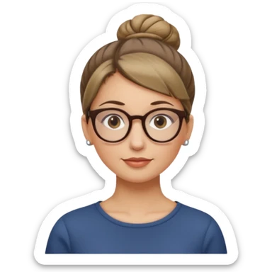 femme de 38 ans avec des cheveux blond foncé sans mèche devant, un chignon haut, yeux bruns, lunettes rondes sticker