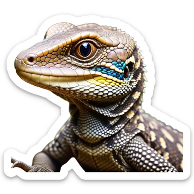 Cinematic Cute brown camo spotted monitor Lizard Portrait Emoji, Head tilted playfully and inquisitively, with a sleek, patterned body accented by vibrant hues and round, sparkling eyes full of wonder, Simplified yet irresistibly adorable features, highly detailed, glowing with a warm, friendly glow, high shine, affectionate and lively, stylized with a touch of exotic charm, bright and endearing, soft glowing outline, capturing the essence of a mischievous yet captivating lizard that seems as if it could scuttle out of the screen into your arms! sticker