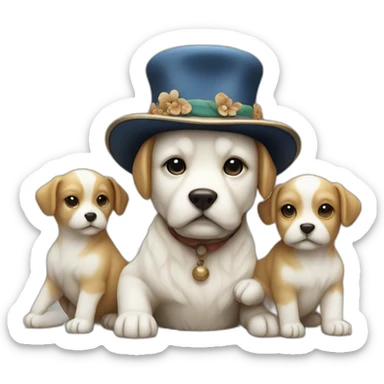 Netsuke dog with puppies and a hat sticker