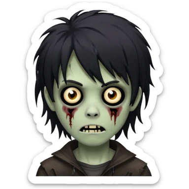 boy zombie with black, medium-long, shaggy emo hair, dark and spooky, creepy expression sticker