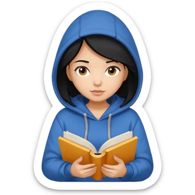 I want a girl emoji black hair and medium skin tone reading book wearing hoddie sticker