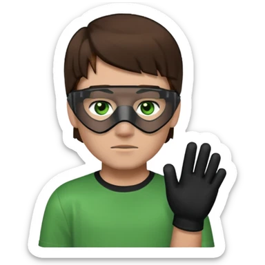 Chico de pelo marrón, ojos verdes y la mitad de la cara color gris ceniza. Con un cubre bocas negro, que tiene una camisa verde por encima de una remera blanca, y tiene un guante negro en una sola de las manos. Estilo minecraft sticker