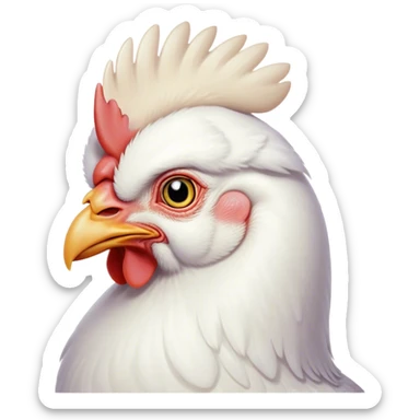 Cinematic Noble White Chicken Portrait Emoji, Poised and regal, with a compact, sturdy build and a pristine, well-groomed pure white plumage, deep-set soulful beady eyes, Simplified yet sharp and sophisticated features, highly detailed, glowing with a soft, dignified glow, high shine, intelligent and alert, stylized with an air of barnyard elegance, focused and attentive, soft glowing outline, capturing the essence of a watchful and confident fowl, so majestic it feels as though it could strut out of the screen with effortless authority! sticker