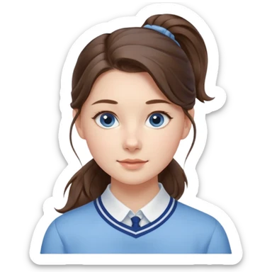 Realistic Student Portrait, with porcelain-like skin featuring a natural rosy flush, illuminated by soft lighting that highlights the gentle contours of her face. Her Brunette pony tail hair flows in soft, Her deep blue eyes radiate warmth and innocence,  wear light blue preppy style. sticker
