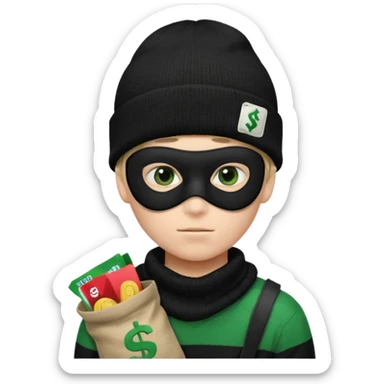 boy emoji with black knit beanie, thin black domino mask, canvas-colored sack over one shoulder that is bulging with stolen goods—often marked with a large, green dollar sign ($).
,and a black-and-white horizontally striped sweater sticker