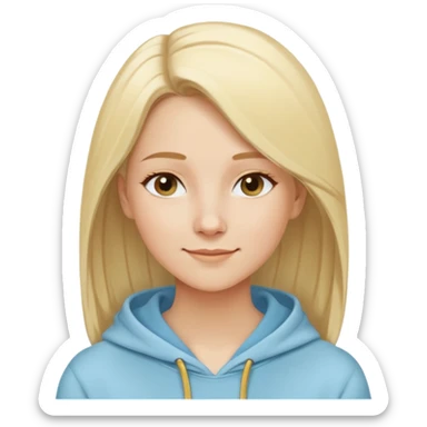 Caucasian woman, oval face, straight light blonde hair with side part, serene smile, dreamy expression, light blue hoodie with gold and white details sticker