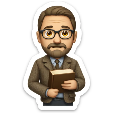 "A middle-aged man with brown hair, a beard, and round glasses. He has a serious, regretful expression, wears a tweed jacket, and holds a book or chalk." sticker