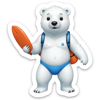 full body friendly anthropomorphised polar bear wearing swim suit with board shorts below the knee and scuba goggles, holding a life buoy, standing in a puddle sticker