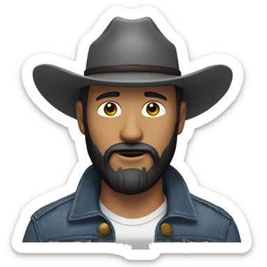 A white man using a cowboy hat, a jeans jacket and a black beard sticker